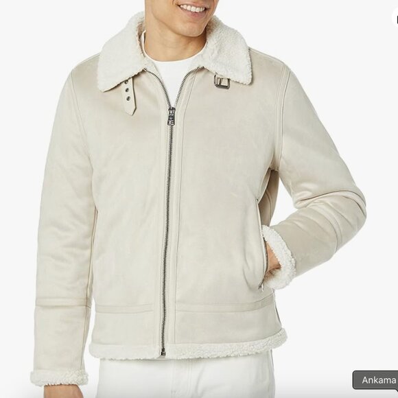 Calvin Klein Faux Shearling Aviator Jacket – Beige, Size XL - Picture 5 of 6